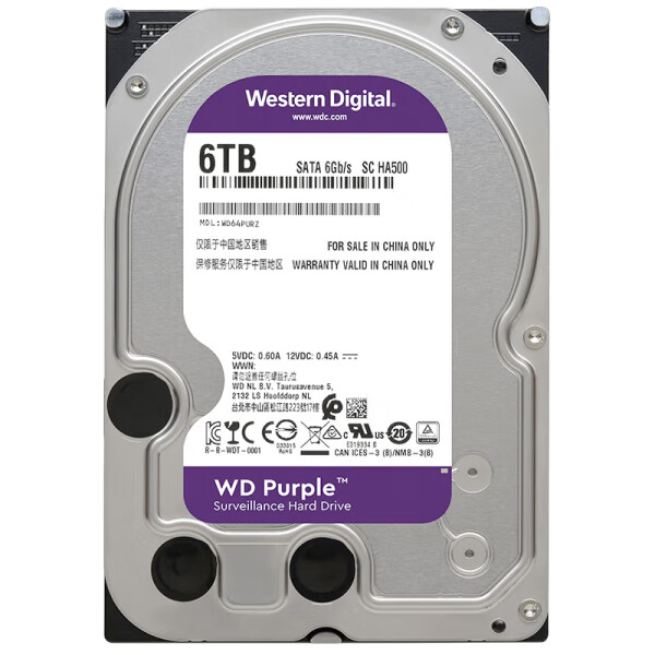 WD Purple 西数紫盘 6TB 256MB SATA CMR (WD64PURZ)监控级硬盘